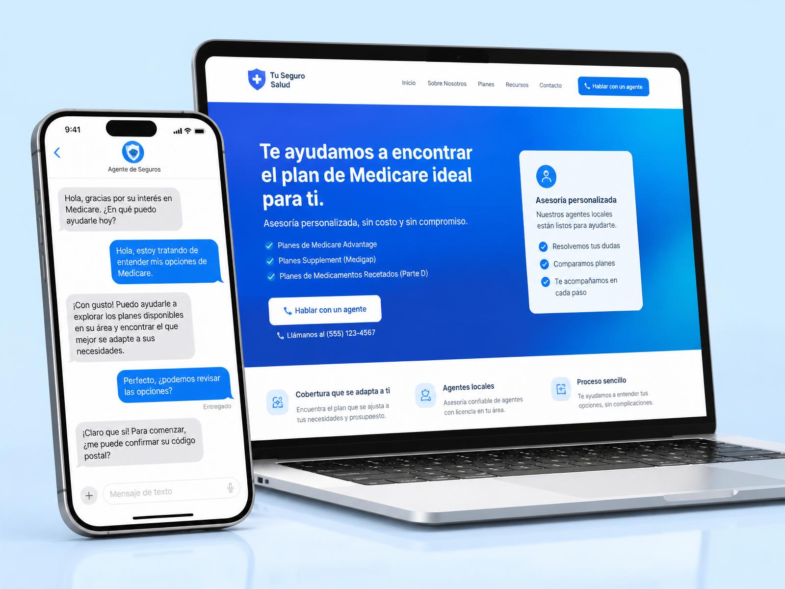 Phone showing a Spanish SMS conversation next to a laptop displaying a Spanish insurance landing page